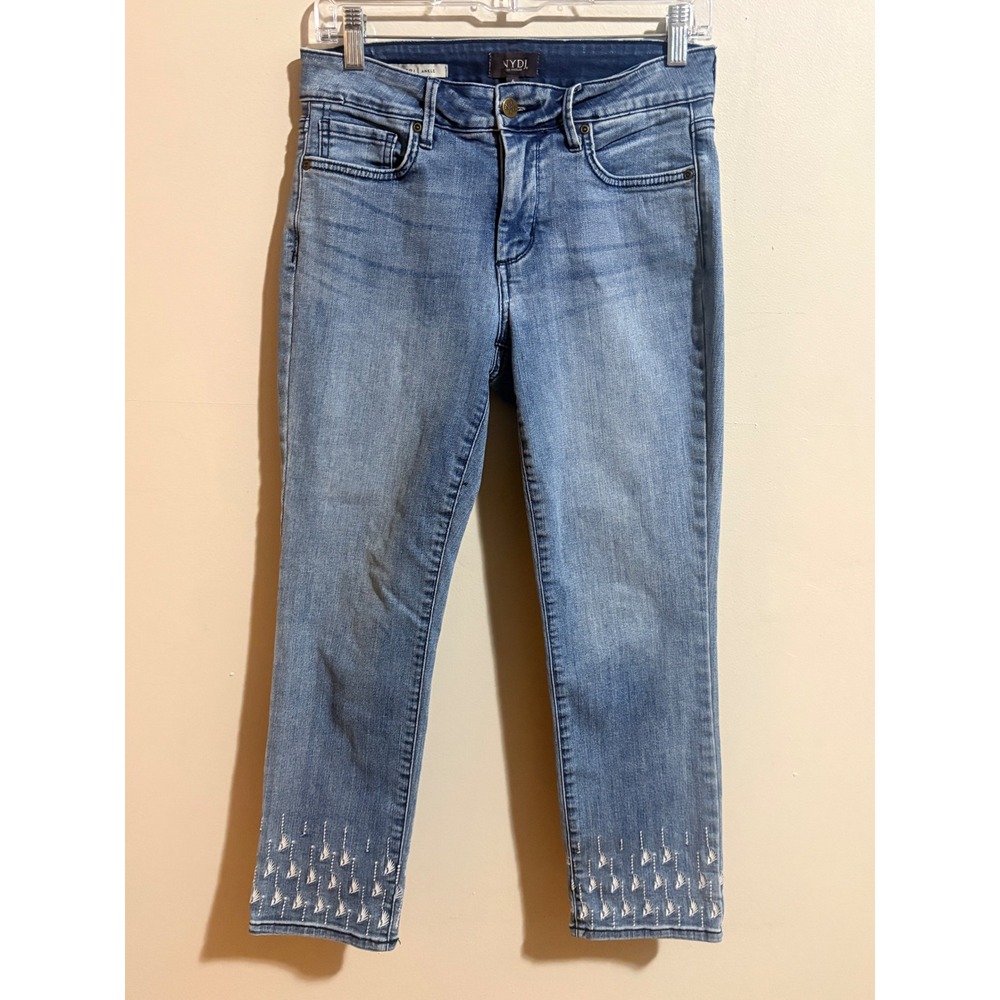 NYDJ Sheri Ankle Jeans Womens 6 Blue Excellent Embroidered Hem Lift Tuck Slim
